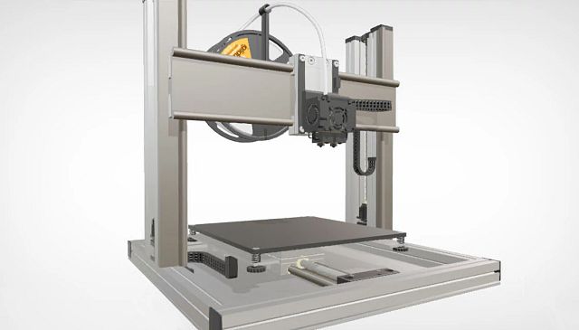 A render of a DIY 3D printer made with various igus components