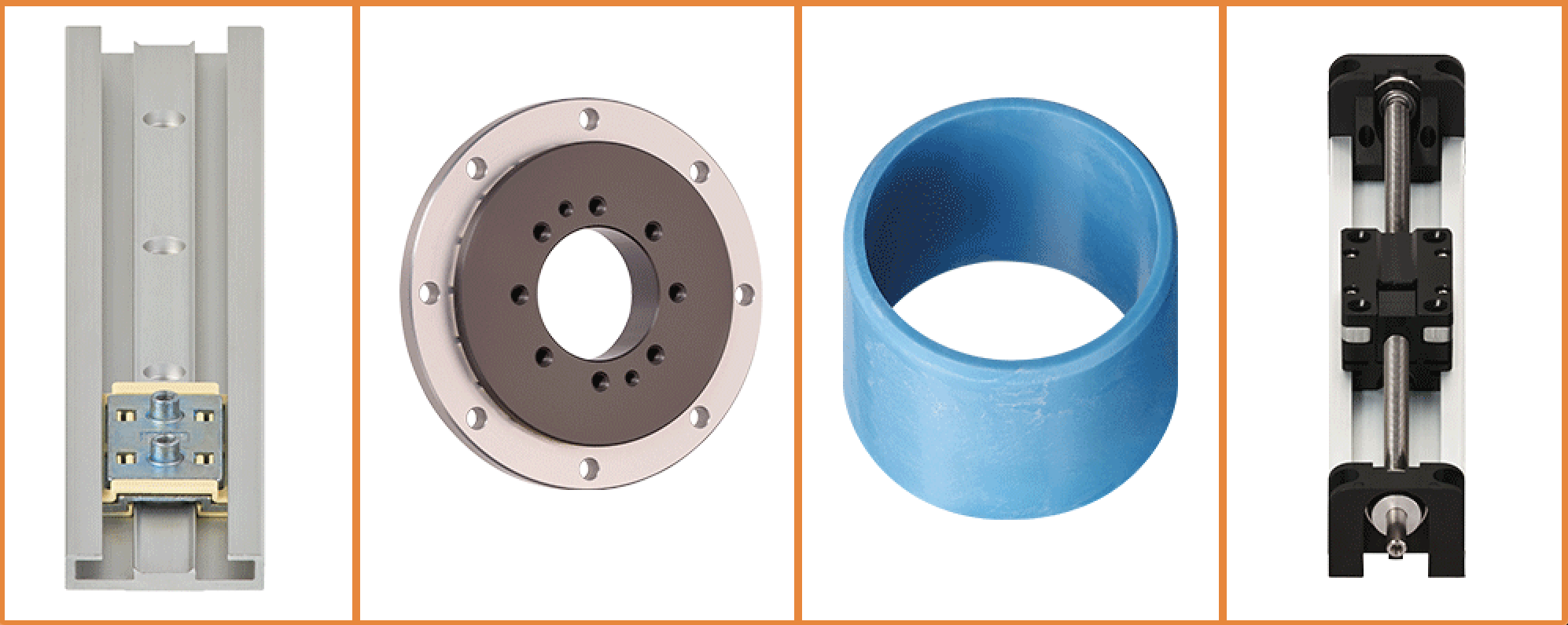Four igus products arranged in a row of cells outlined in orange: a drylin N linear slide, PRT slewing ring, iglide bearing, and drylin screw-driven actuator