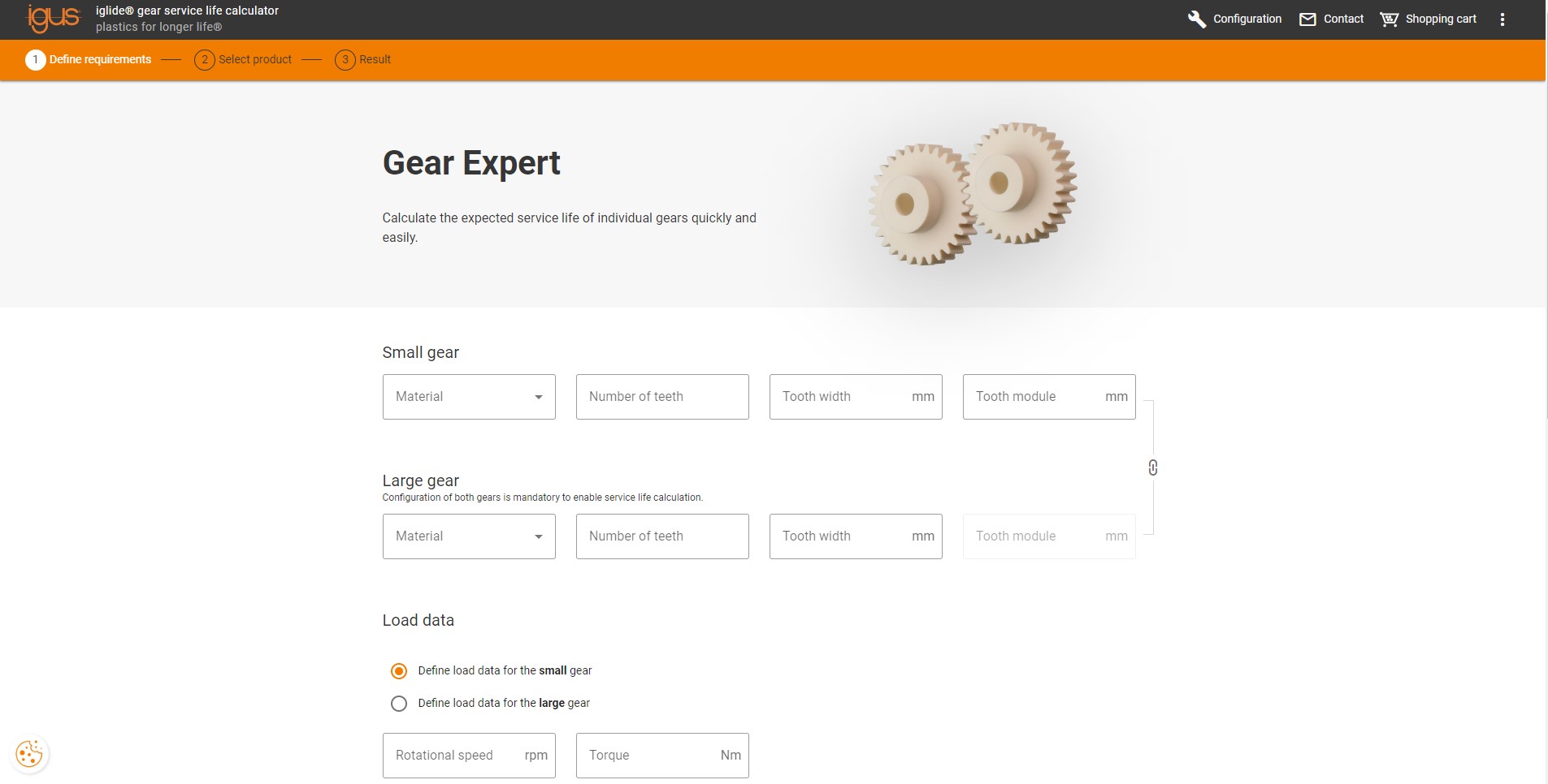 Screenshot of the igus online service life calculator for gears