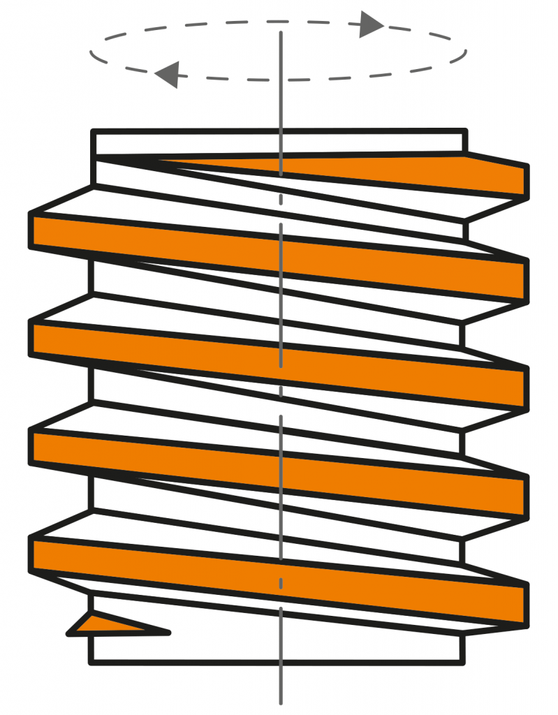 Lead screw with left-hand thread highlighted in orange