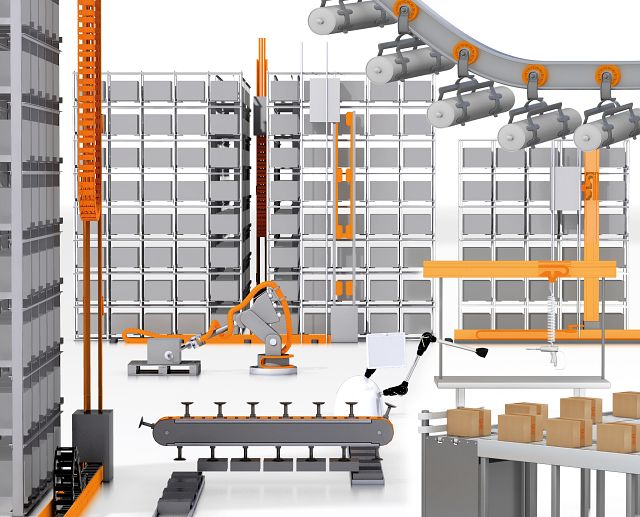 A render highlighting various igus components that can be used in automated material handling