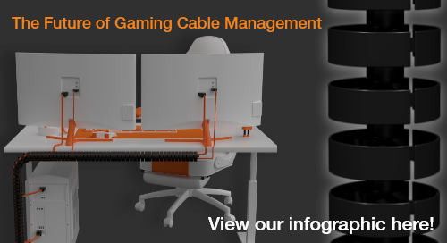 A CTA image with text saying "The Future of Gaming Cable Management" and "View our infographic here!" and a 3D render of a desk using an OCR chain and a closeup of an OCR chain
