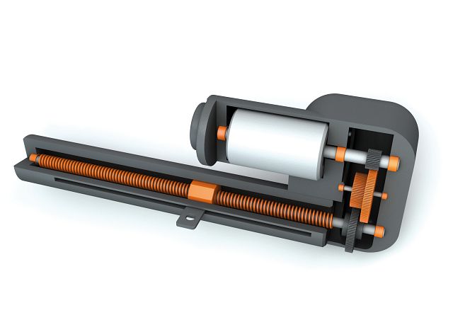a car actuator with igus plain bearings, lead screw & lead screw nut, and gears all highlighted in orange