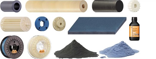Various materials used for custom manufacturing, such as bar and plate stock, 3D printing powder, filament and resin 