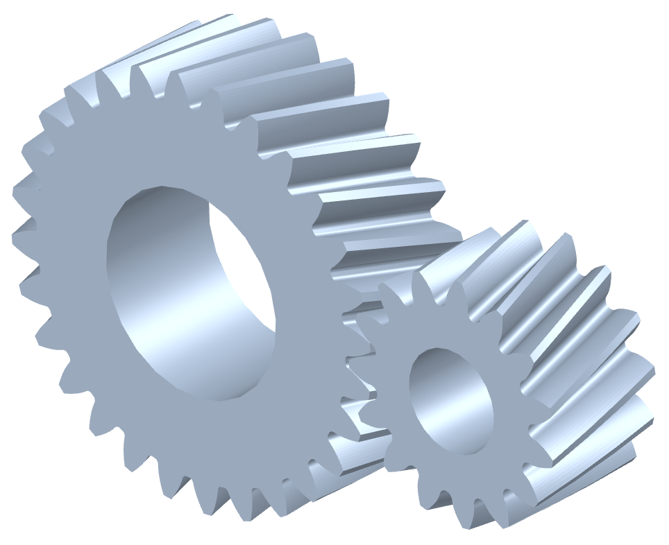 Render of two helical gears meshed together