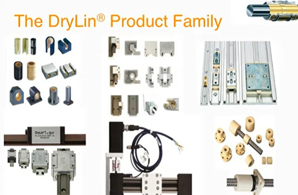 the drylin product family, which includes plastic linear bearings, linear rails, and lead screws & nuts