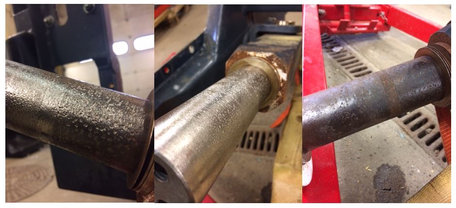 Three examples of corrosion on metal shafting