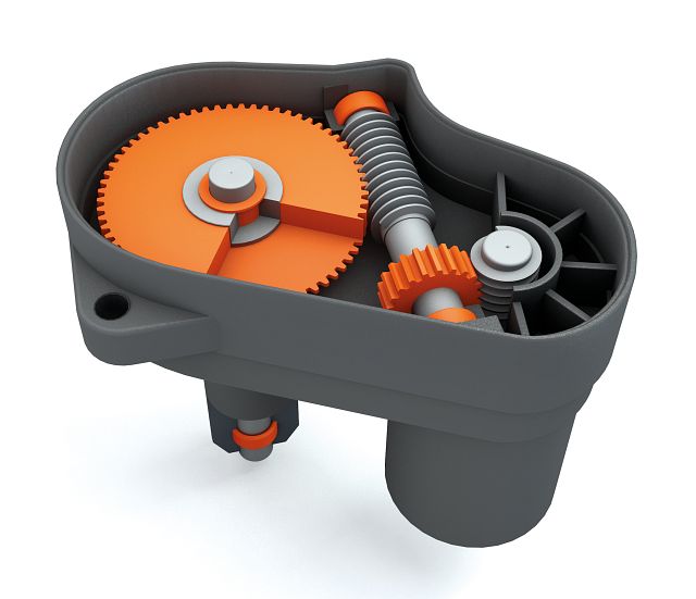 automotive gearbox with gears and bearings highlighted in orange