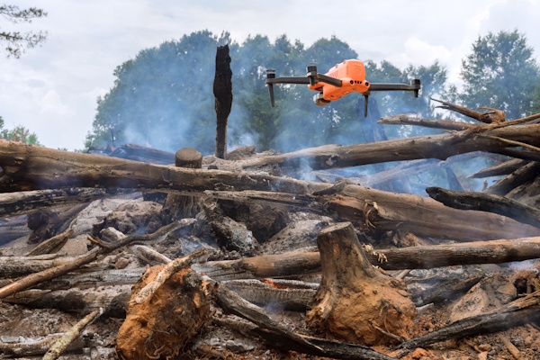 A drone flying over the site of a wildfire, assessing for damage