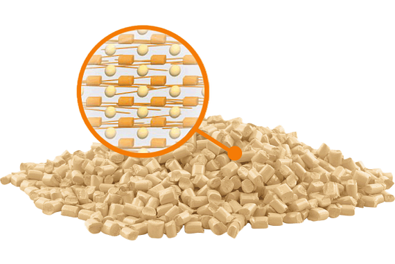 A pile of plastic granulate that utilizes embedded solid lubricants