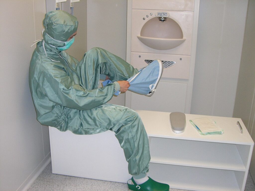 Cleanroom worker prepping to enter a cleanroom
