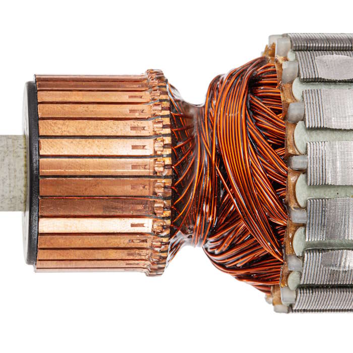 An electric motor commutator on a plain white background