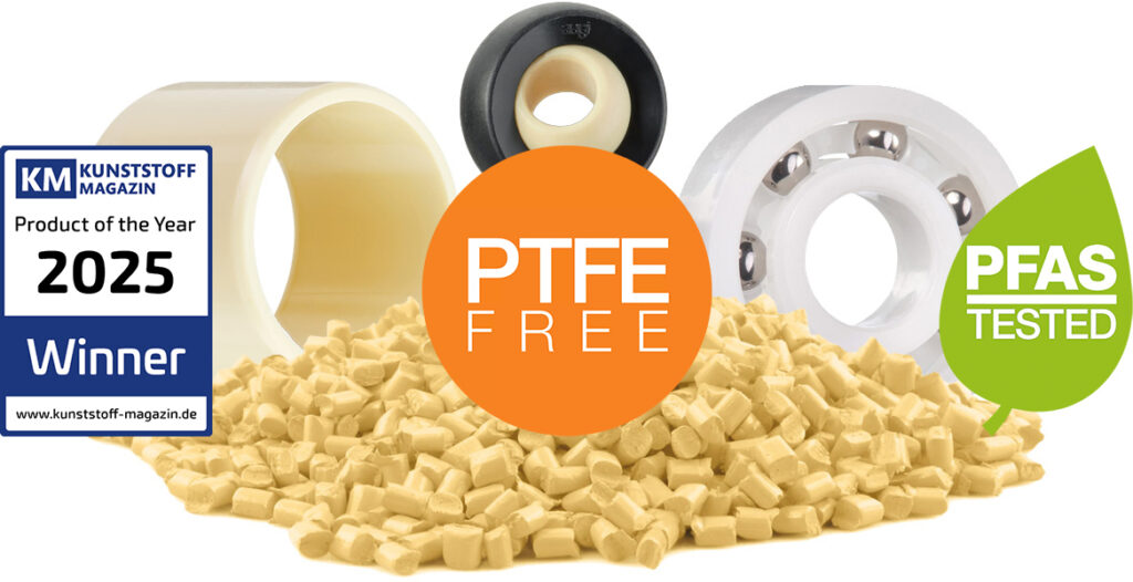 Various PTFE-free and PFAS-tested igus products, overlaid with an image of a 2025 Product of the Year award from Kunstsoff Magazine