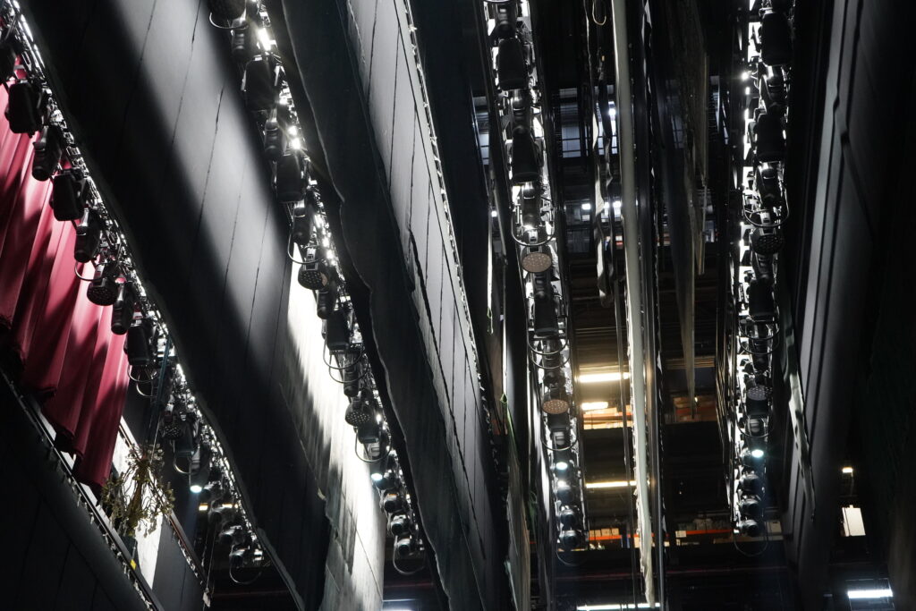 Low-angle view of the lighting trusses at the Royal Ballet and Opera in London
