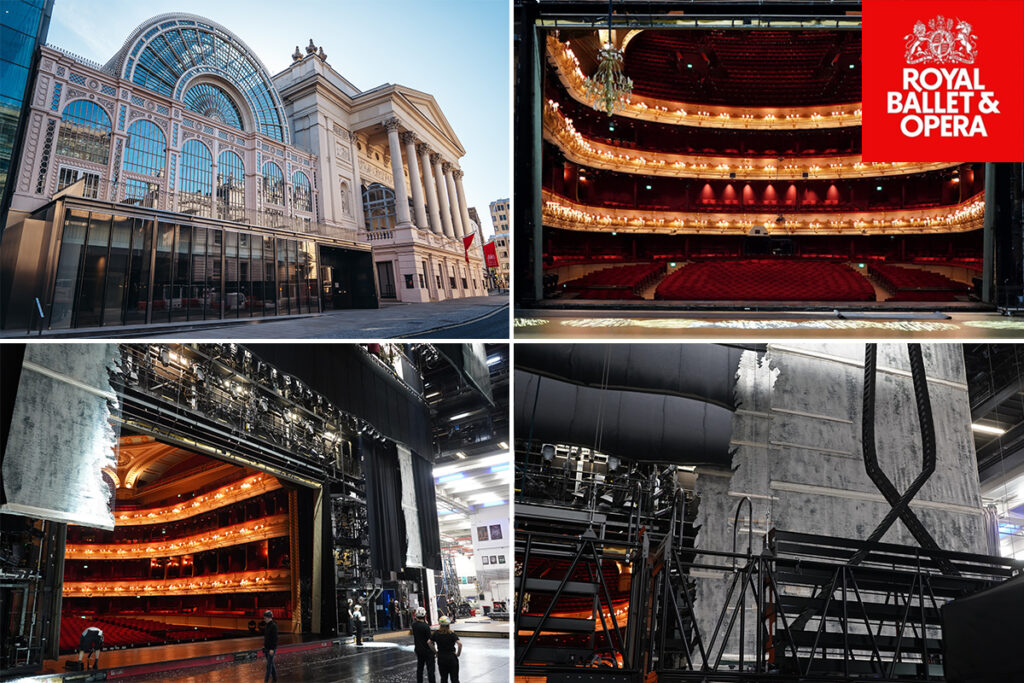 A collage of four images showing the outside and inside of the Royal Ballet and Opera, along with a backstage view of its e-chain systems