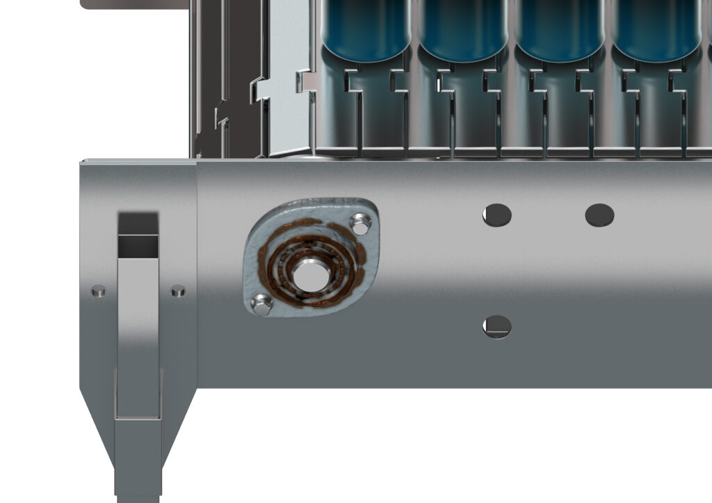 A corroded metal insert bearing on the outside of a conveyor system