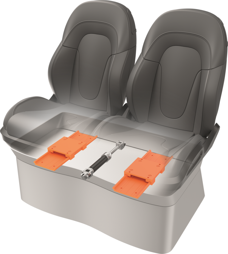 3D render of boat seats, highlighting the use of linear bearings for seat adjustments