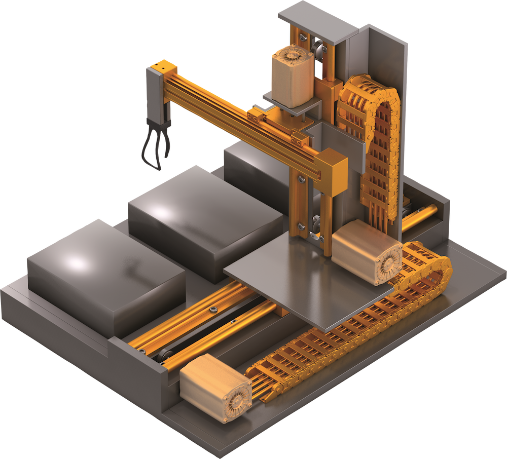 3D render of an automated material handling station utilizing igus linear motion components.