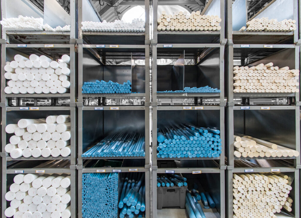 Shelf stocked with various iglide bar stock materials