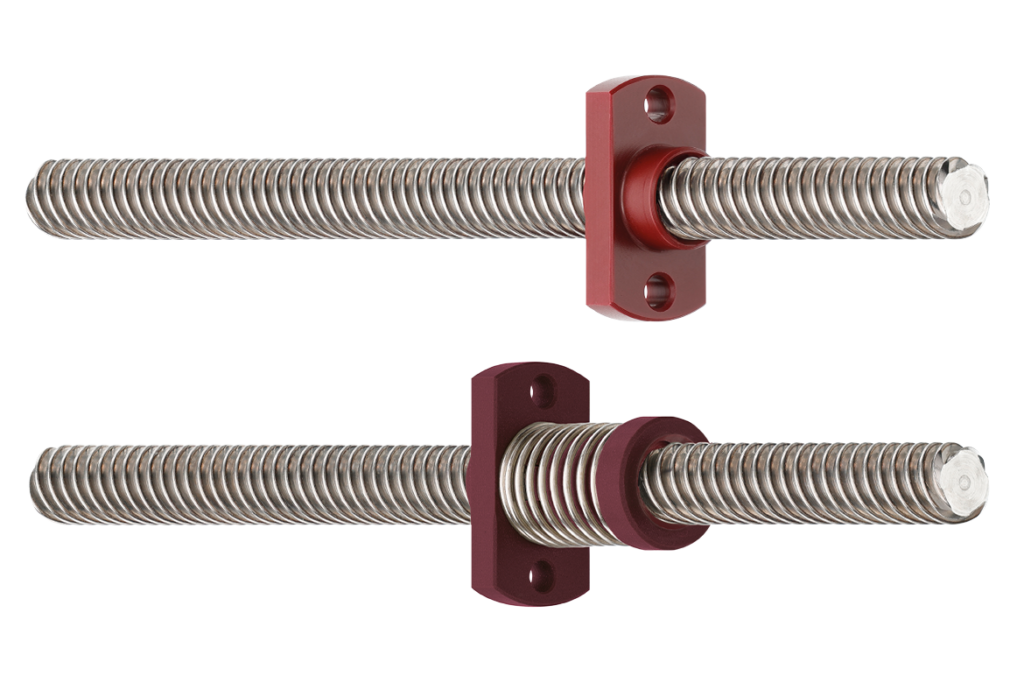 Two dryspin lead screws, one with a standard nut and one with a preloaded nut
