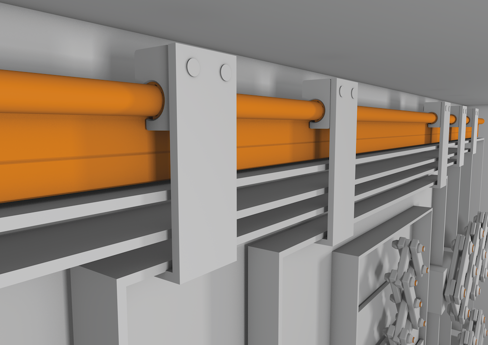 3D render highlighting drylin linear rails within a machine tool
