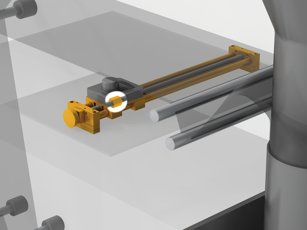 3D render of a lead screw actuator within a flow wrapping machine in the packaging industry