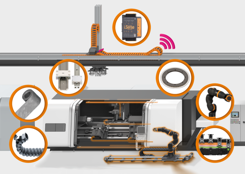 3D render showing the various dry-running igus components that can be used within a machine tool