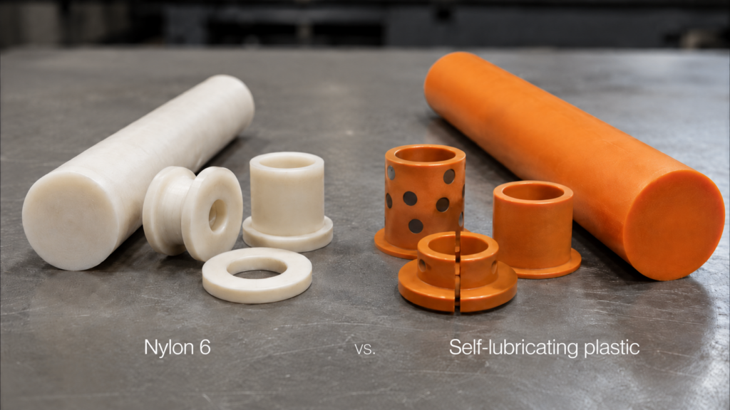 Parts made of nylon 6 next to parts made from self-lubricating plastic.