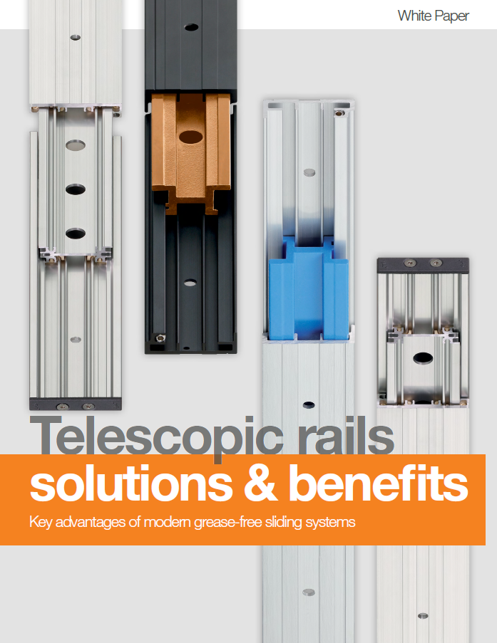 Cover of a white paper about telescopic rails, titled "Telescopic rails solutions & benefits: key advantages of modern grease-free sliding systems"