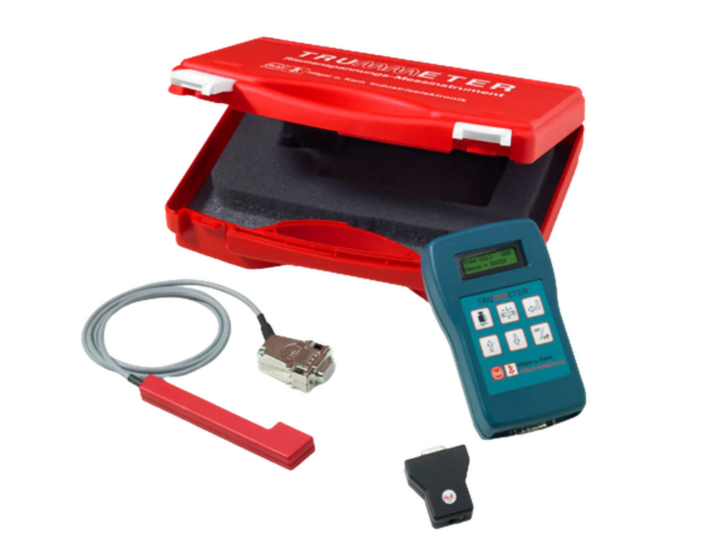 TRUMMETER belt tension meter with cabled probe, plug-in probe, and red ABS transport case