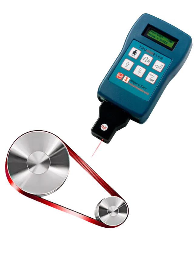 TRUMMETER belt tension meter aiming its red sensor beam at a belt running between two pulleys
