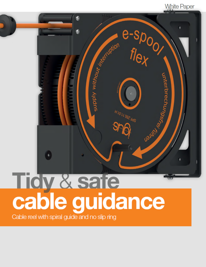 Cover of an igus white paper titled 'Tidy & safe cable guidance' with the subtitle 'Cable reel with spiral guide and no slip ring,' showing a black e-spool flex cable reel with an orange cable